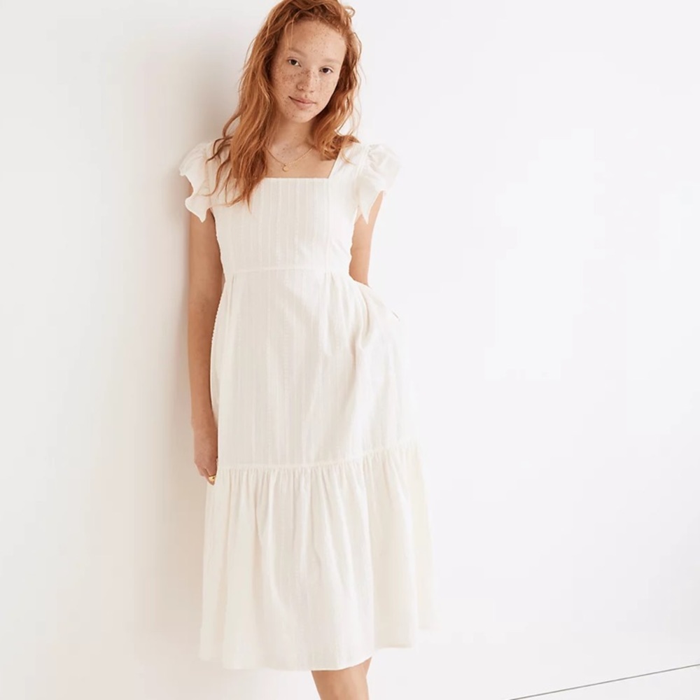 Madewell Dress | Ruffle-Strap Tiered Midi Dress in White Textural Stripe